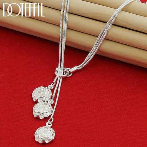 DOTEFFIL 925 Sterling Silver Snake Chain Three Roses Flowers Pendant Necklace For Women Engagement Wedding Fashion Charm Jewelry