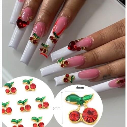 20pcs Nail Charms Cherry Alloy 3D Red Nails Rhinestones Crystal Cherries Leaves Press On Tips Acrylic Decoration Supplies