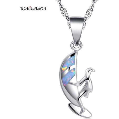 ROLILASON Popular birthday gift sail design created for teen girl white fire opal silver necklace pendants fashion jewelry OP762