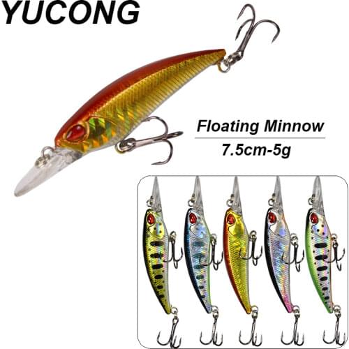 YUCONG 5PCS Topwater Minnow Baits 7.5cm-5g Floating Wobbler Crankbaits Artificial Hard Trolling Swimbait Pike Pesca Isca Fishing