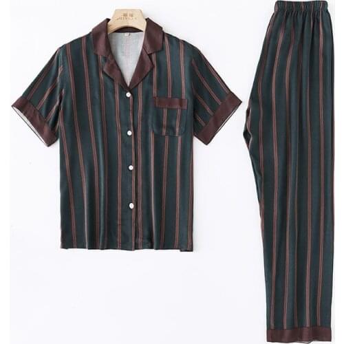 Couples Simple Dark Green Stripe Shirt Pajamas for Women Lapel Satin Short Sleeve Trouser Suits Viscose Two Piece Set Autumn