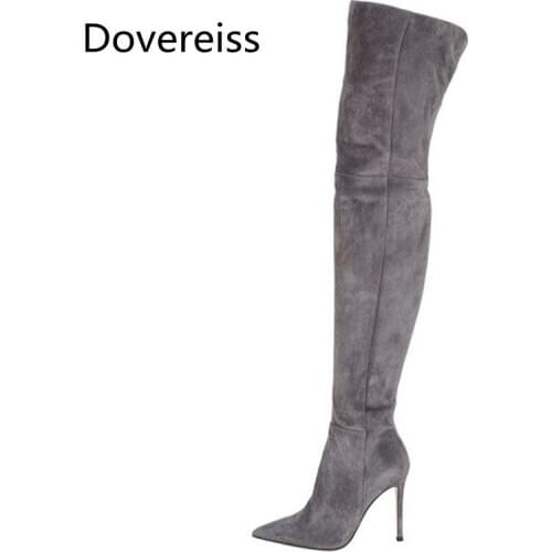 Dovereiss Fashion Womens Shoes Winter Pointed Toe sexy Zipper new gray new Over the knee boots suede Stilettos heels 34-45