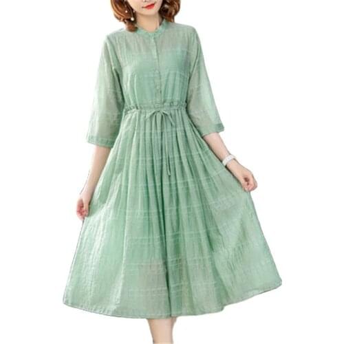 New Spring Summer Seven-point Sleeves Cotton Linen Dress 2020 Fashion Vintage Loose Womens Clothing b213