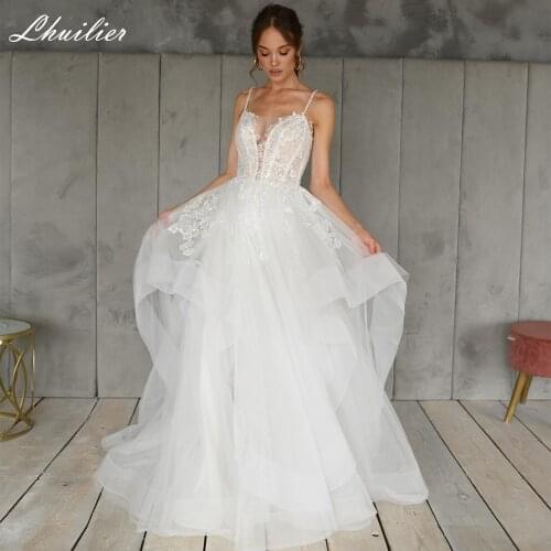 Lhuilier Womens A Line Spaghetti Straps Tulle Wedding Dresses 2021 Floor Length Sleeveless Illusion Sweep Train Bridal Gowns
