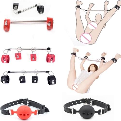 Bdsm Bondage Metal Spreader Bar Sex Slave Handcuffs Ankle Cuffs Open Leg Restraint Set Fetish Ball Gag SM Tool Couple Erotic Toy