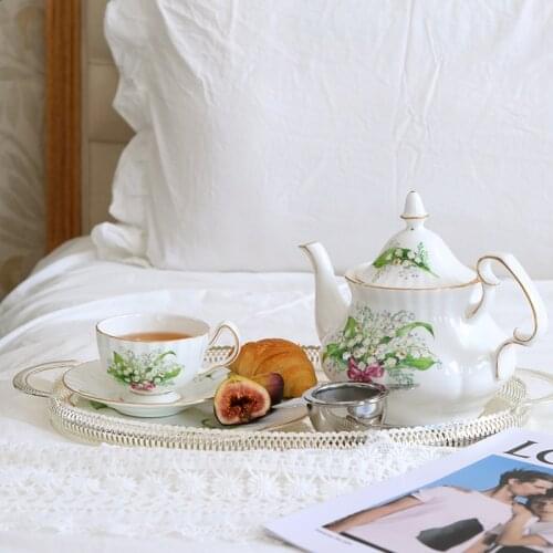 Tea Cup Saucers Lily Valley Set Porcelain Teapot Creamer Sugar Bowl Coffee Mug Household Dinner Plates Dessert Stand Cake Tray
