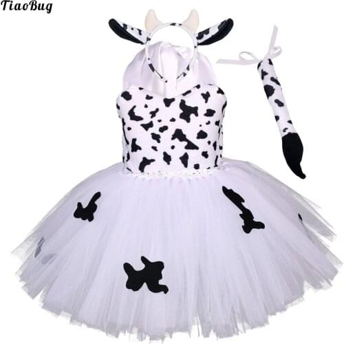 TiaoBug Kids Girls Cow Costume Tulle Dress Halter Sleeveless Hollow Waistline Fluffy Dress With Headband For Performance Party