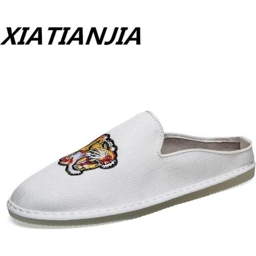 Mens Sneakers Section Linen Tiger Head Eight Claw Embroidery Hand-stitched Half Tray Footwear Men Shoes Loafers Chaussure Homme