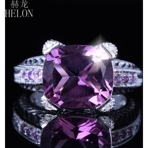 HELON Solid 10K White Gold Flawless Cushion 12mm Natural Amethyst & Diamonds Engagemement Ring For Women Vintage Fine Jewelry