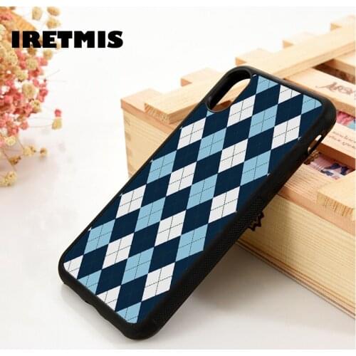 Iretmis 5 5S SE 6 6S TPU Silicone Rubber Phone Case Cover for iPhone 7 8 Plus X Xs 11 12 MINI Pro Max XR Blue Argyl
