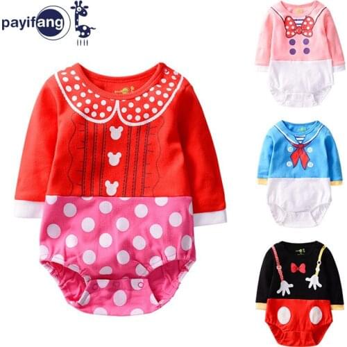 Disney Baby Girl Boy Rompers Splicing Cartoon Pritnt Pure Cotton Long Sleeves 0-1 Year Old Children Clothes One Piece Set