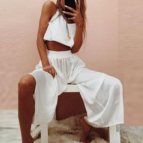 2-piece fashionable casual wear suit solid color suspender top and wide-leg pants suit women’s commuter oversized pants suit