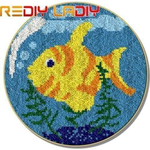 Latch Hook Rug Yellow Fish DIY Crocheting Carpet Rug Acrylic Yarn Printed Canvas Cushion Mat Crochet Tapestry Latched Hook Kits