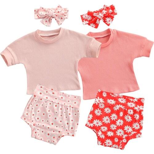 3PCS Baby Girls Summer Clothes, Short Sleeve Crew Neck Rib Knit Tops + Floral Shorts + Headband Set 6M-3T