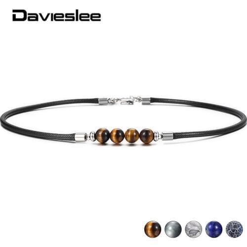 8mm Natural Stone Bead Leather Choker Necklace for Men Women Eagle Eye Stone Lapis Lazuli 18inch Fashion Jewelry DDNM27