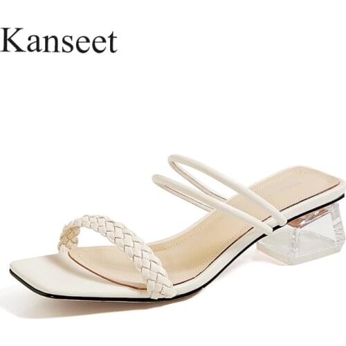 Kanseet 2021 New Womans Slippers Summer Microfiber Concise Handmade Fashion Design Square Toe Hot Sale 4cm Mid Heels Shoes