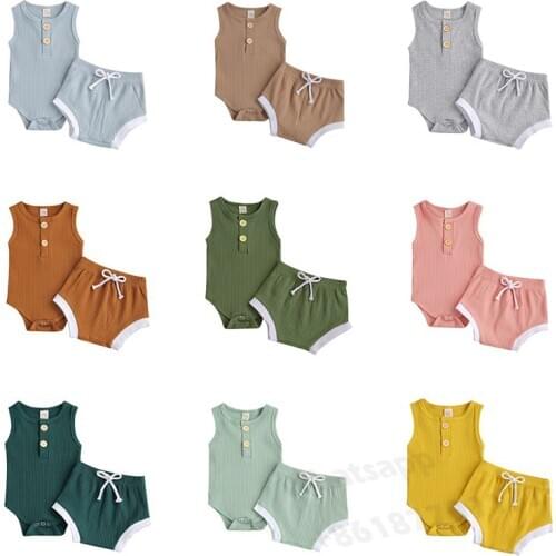 Solid Color Baby Ribbed Clothes Set 0-24M Toddler Boy Suit Summer Sleeveless Button Round Neck Romper Elastic Shorts Girls Sets