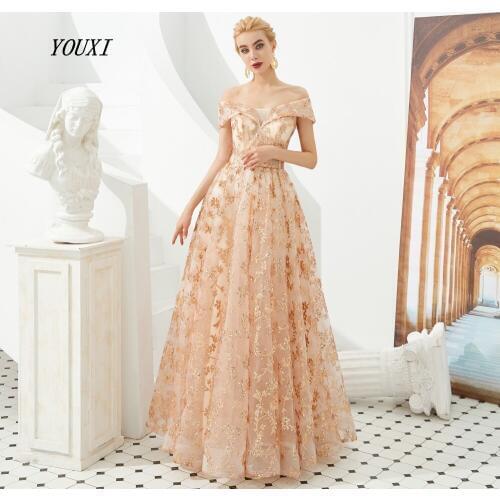 Champagne Sequined Prom Dresses 2019 A-Line Off Shoulder Long Floor Length Evening Gown Formal Party Graduation YOUXI