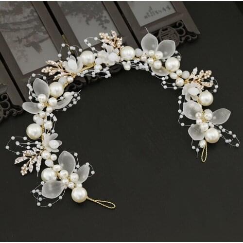Gold Flower Pearl Headband Tiara Crown Wedding Bridal Princess Headbands Hair Jewelry Crystal Pearl Accessories Bride Headdress