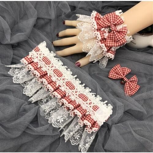 Victorian Gorgeous Plaid Lace Lolita Girl Strawberry Hand Wrist Cuffs Bow Lace Hand sleeves D462