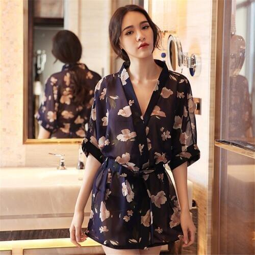Women Nightgowns Lingerie Sexy Transparent Chiffon Floral Printed Kimono Dress Sexy Hot Ladies Babydoll Nighties for Women Gowns