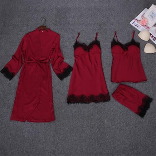 Ladies Sexy Silk Satin Sleepwear Set Lace Robe+Nightdress+Top+Pant 4 Pieces Fashon Pajama Set Nightwear Homewear For Women