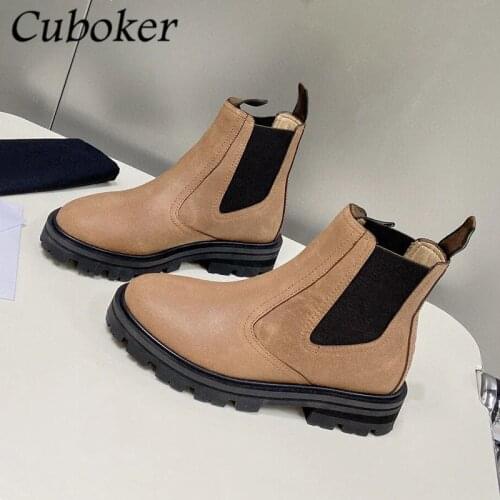 2021 Autumn Winter Martin Boots Women Slip On Genuine Leather Round Toe Thick Sole Brand Runway Short Boots For Women