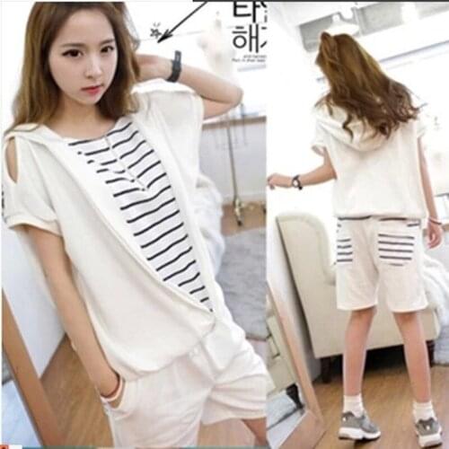 2021 Casual set female capris short-sleeve fashion strapless sweatshirt sportswear slim female plus size 2017