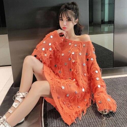 Women Metallic Sequin Fringe Sweater Orange White Sequined Pullover Oversized Long Jumper Autumn Winter Tops