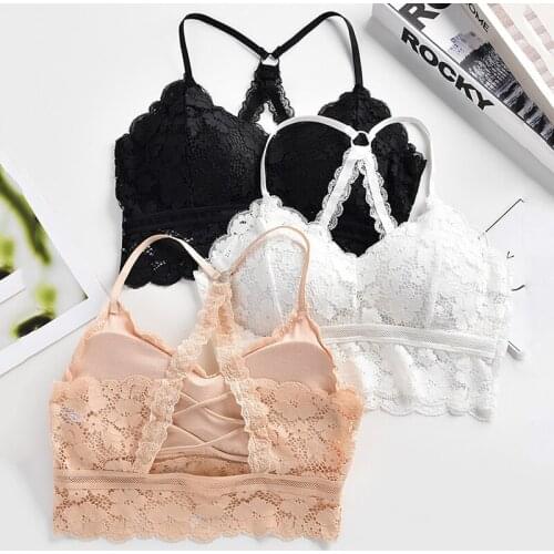 Women Sexy Lace Back Bra Top Hollow Out Bralette Solid Color Underwear Lingerie Sexy Vest Female Add pad Wireless Seamless Bra