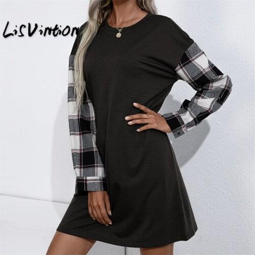 Spring Autumn O Neck Long Sleeve Womens Sweatshirt Dress New Fashion Patchwork Plaid Casual Ladies Mini Dress Vestidos