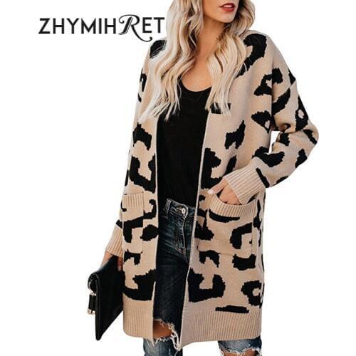 ZHYMIHRET 2019 Autumn Leopard Long Cardigan Pockets Elegant Long Sleeve Knitted Sweater Warm Winter Clothes Women Jumper