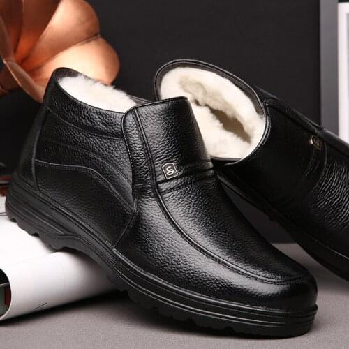 Winter Mens The First Layer Of Cowhide High Top Wool Boots Soft Bottom Anti-Skid Warm Leather Boots Old Peoples Cotton Boots