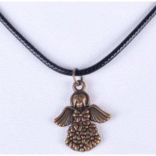 17*21MM Vintage bronze antique flower fairy angel pendant necklace women wax cord rope necklace jewelry fashion alloy jewellery