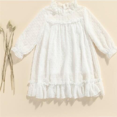 2021 2-8Y Sweet Kids Baby Girls Dress Ruffle Collar Long Sleeve White Sold Looose Pleated Spring Autumn Dress