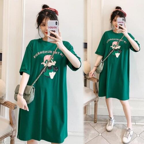 2032# Maternity Clothes Summer Cotton T Shirt Green Short Sleeves Loose Stylish Dress Pregnant Women Mom Dress