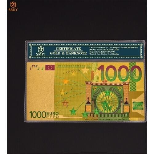 24K Gold Foil Banknote Euro 1000 Color Replica Currency Paper Money Collection With Sleeve Display