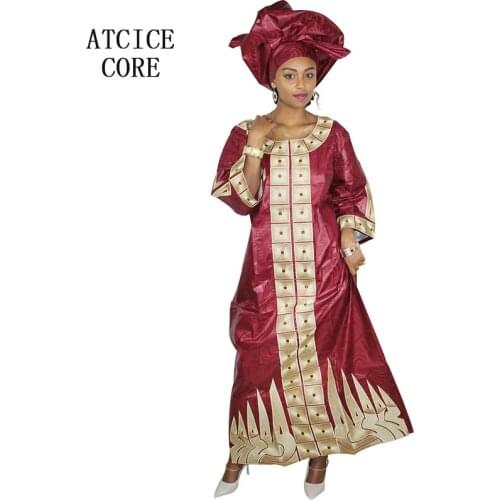 AFRICAN FASHION DRESSES BAZIN RICHE MATERIAL EMBROIDERY LONG DRESS WITH SCARF