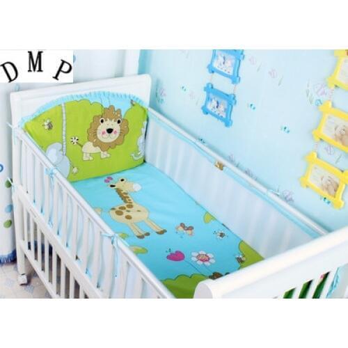 Promotion! 5PCS Mesh Lion Baby Crib Bedding Set Newborn Infant Cotton Crib Bedding Cartoon Cot Set,include(4bumpers+sheet)