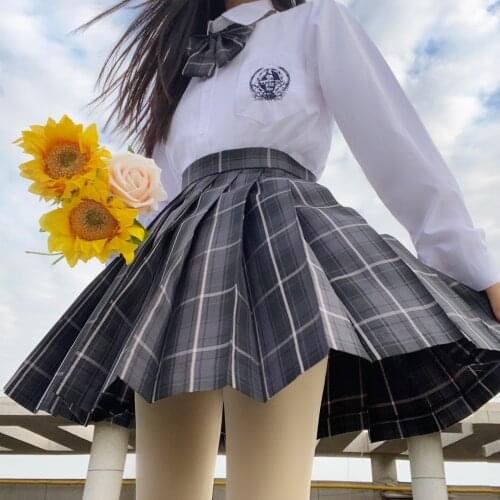 [Smoky Gray] Autumn Winter Girls Long Sleeve Shirt High Waist Pleated Plaid Skirts Suit JK School Uniform School Girl