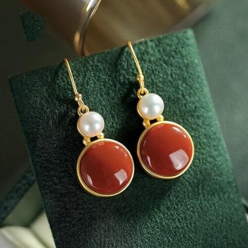 Natural Hetian Jade Pearl Red Earrings S925 Sterling Silver South Red Pearl Earrings Graceful and Fashionable Vintage Ornament
