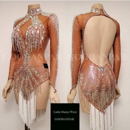 Latin Dance Dress transparent Lycra Dance Wear Salsa Samba Rumba Costume With Bodysuit buit in Bra Sexy latin dance costume