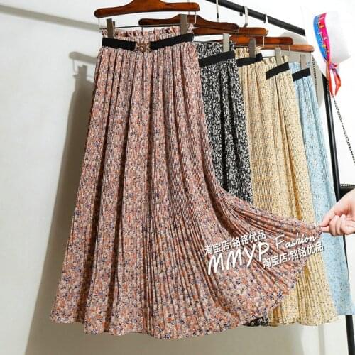 Summer Skirts Womens 2021 Retro Floral Print Chiffon Pleated Skirt Elastic High Waist Casual Midi Skirt Femme Clothes Jupe Zh290