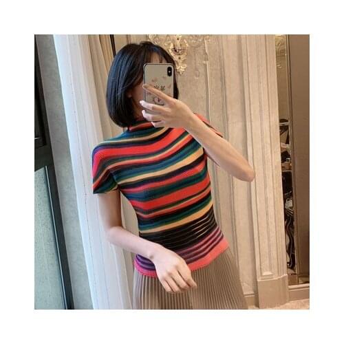 HOT SELLING Miyake stripe short sleeve fashion fold stand collar Slim fit T-shirts IN STOCK