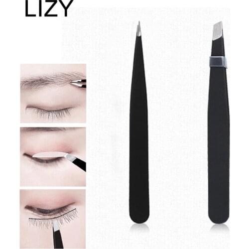 LIZY 2pcs Eyebrow Tweezer Stainless Steel Hair Beauty Flat Pointed Puller Eye Brow Clip Nose Hair Removal Makeup Tools