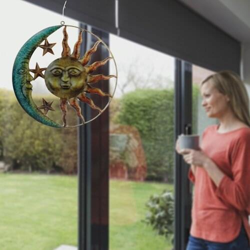 Metal Wall Art Decoration Creative Sun Moon Statue Hanging Ornaments Decor for Home Living Room Garden RE