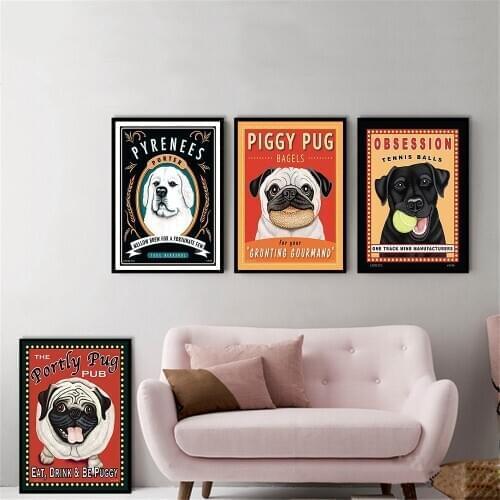Pug Dog Animals Wall Prints Canvas Pictures for Living Room Home Decor Posters and Prints Wall Art Retro Kitchen Decor Quotes