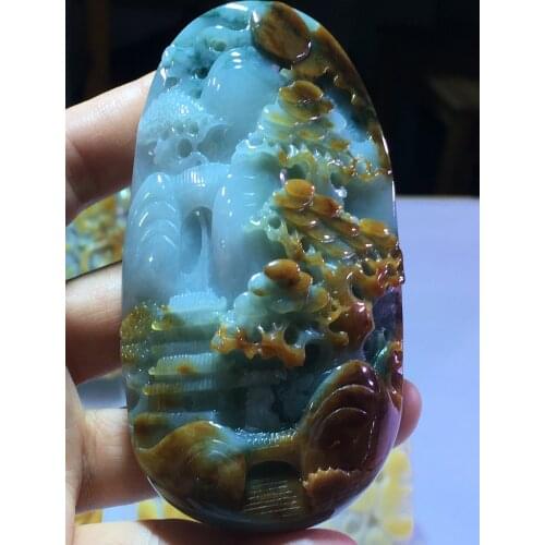 Natural Myanmar jade A HandCarved landscape jadeite yellow emperor green jade pendant jade necklace pendants jewelry necklaces