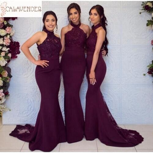 Halter Plum Bridesmaid Dresses Mermaid Lace Appliques Sequins Beaded Wedding Guest Dress for Fall robe de cocktail pour mariage