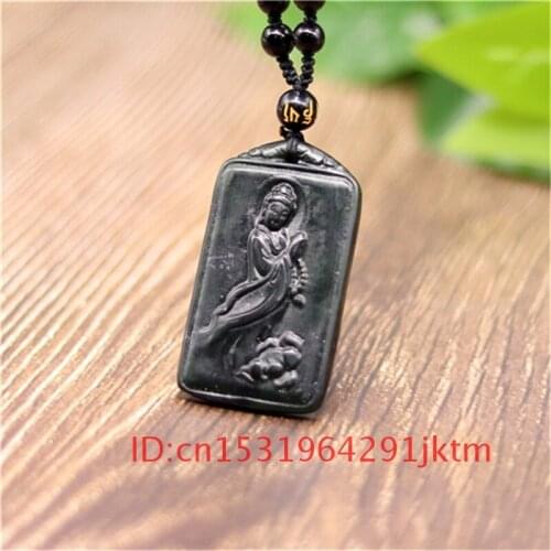 Carved for Gifts Guanyin Obsidian Green Chinese Amulet Black Accessories Jade Pendant Charm Natural Necklace Men Jewelry